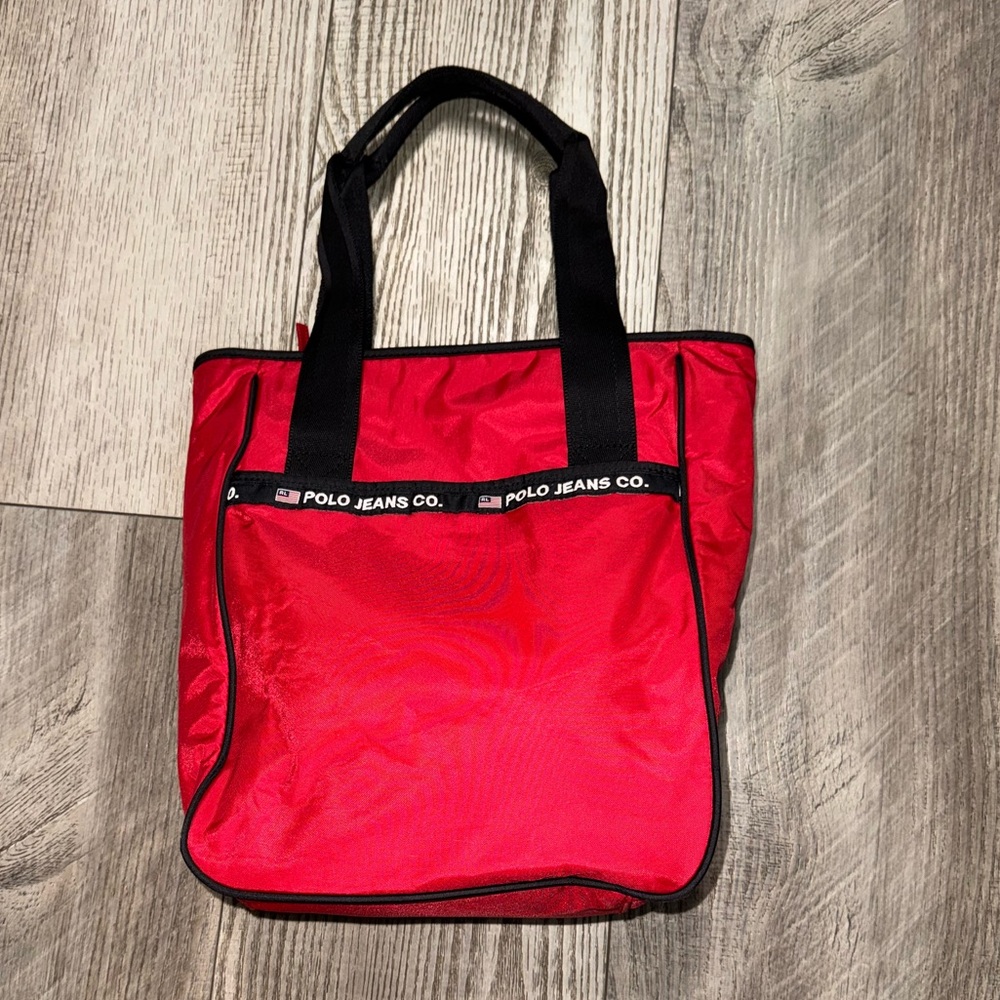 Vtg Ralph Lauren Polo Jean's Co red nylon Tote Bag 16.5" x 12" Flag Logo.